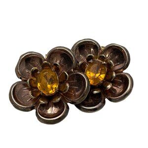 Vintage Renoir Mid Century Copper Earrings Clip On Flower Earrings Yellow Gemsto